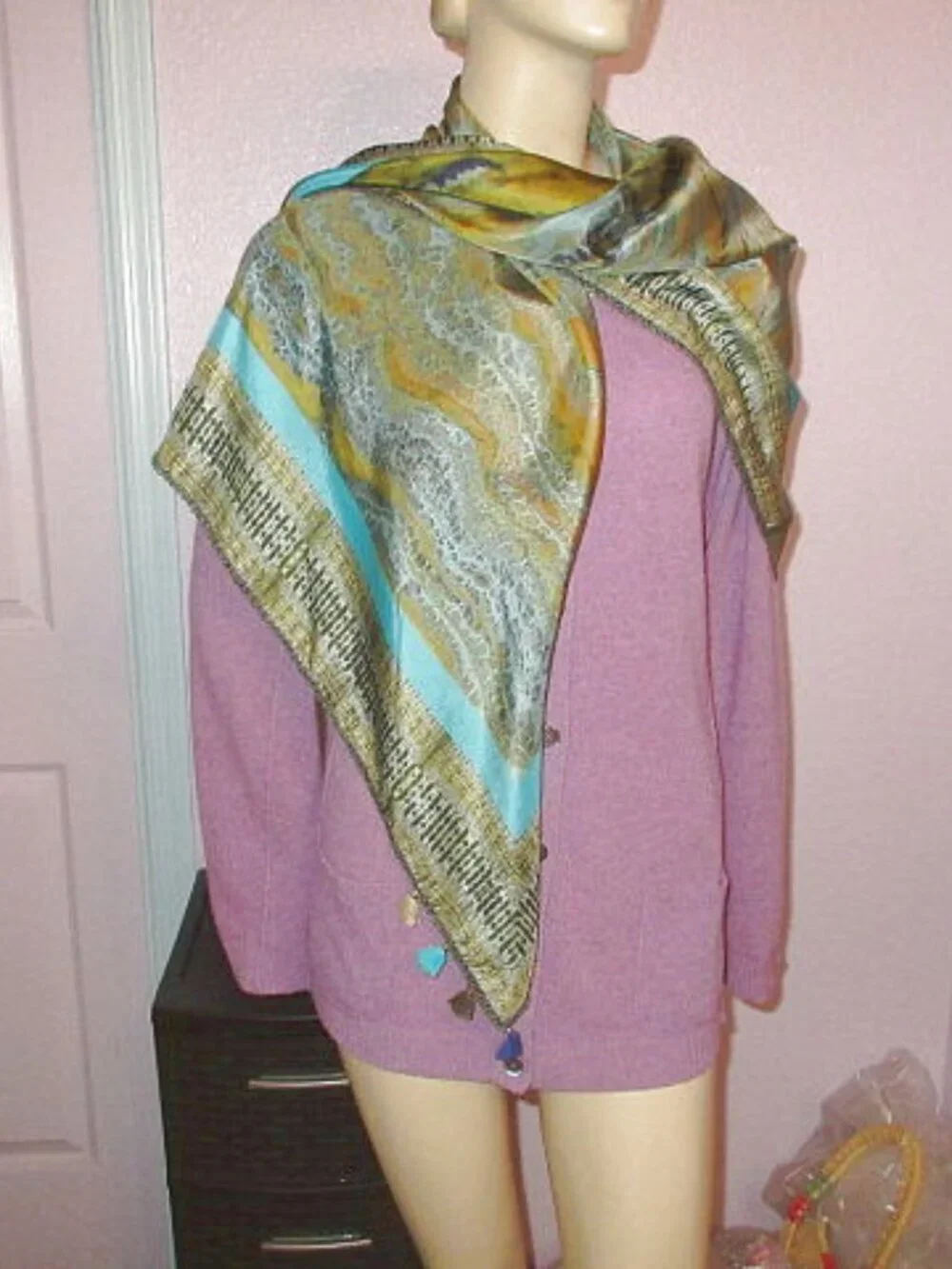 Blank London Silk Scarf Beaded Crochet Tassels Neck Wrap Shawl Boho Artsy NWT